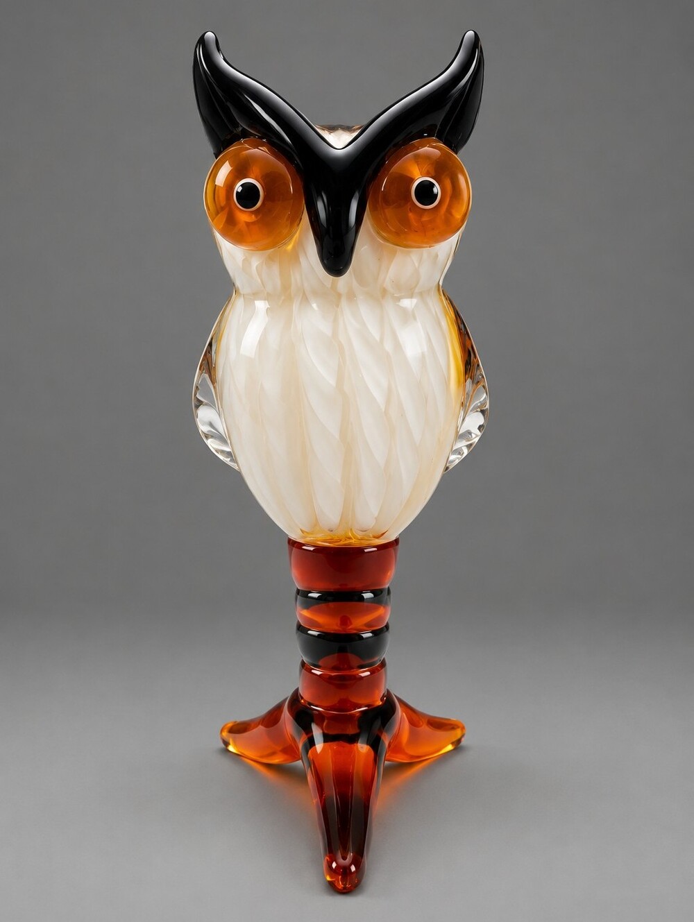 GCA Murano Style Handblown Glass Owl Figurine - Amber, Black & White